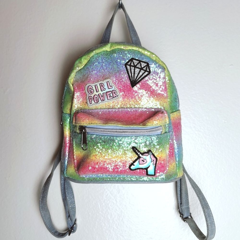 Girls' Glitter Rainbow "Girl Power" Unicorn Patch Mini Backpack, One Size